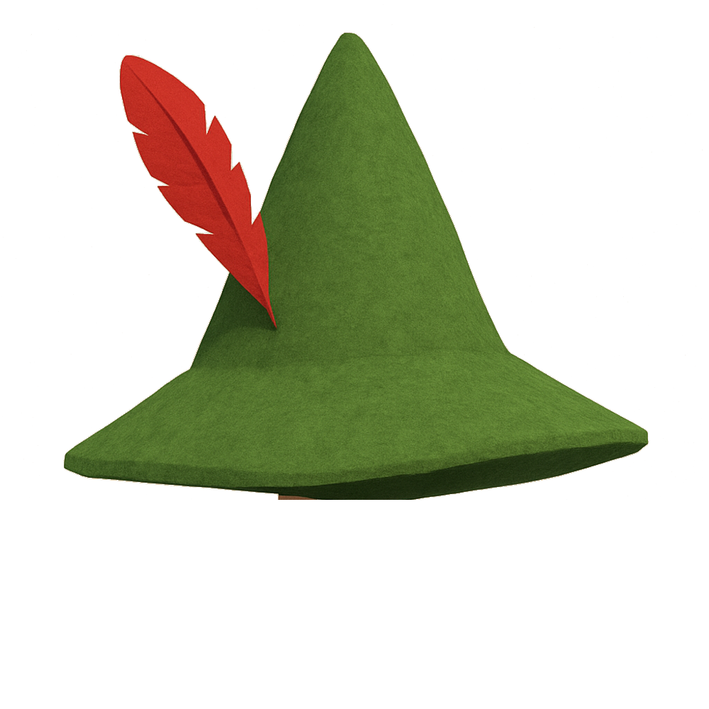 An oversized green robin hood felt hat with a red feather, worn over two ordinary-sized boots